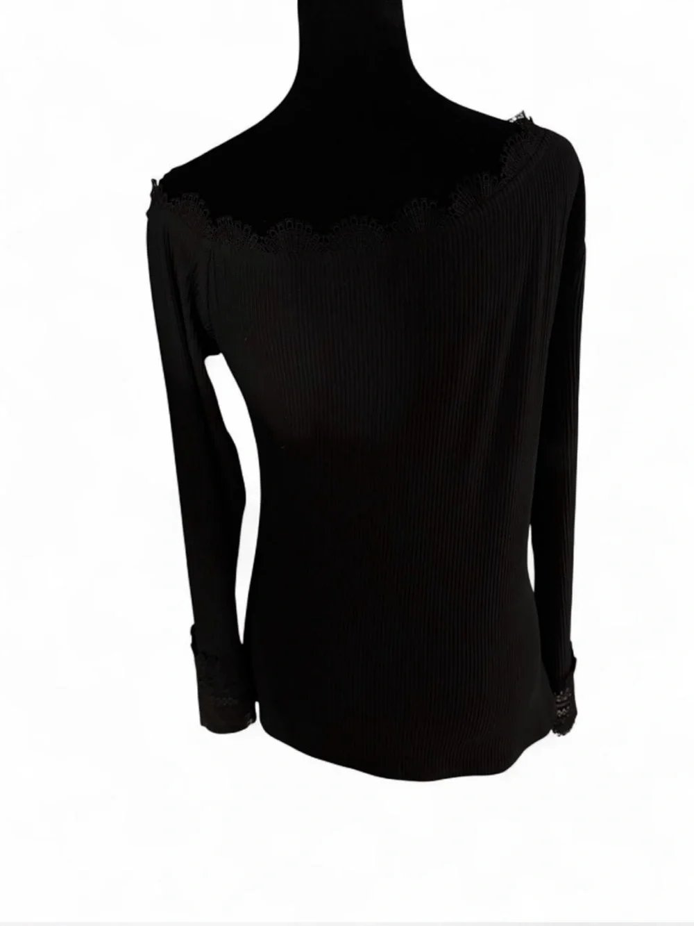 SHEIN Black Ribbed Off Shoulder Lace Trim Top Long Sleeve Fitted Blouse Size M - Picture 5 of 6